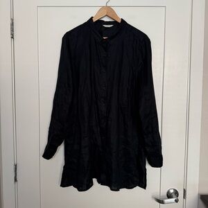 Garnet Hill Shirt Tunic Womena Sz L Black 100% Linen Long Sleeve Minimalist